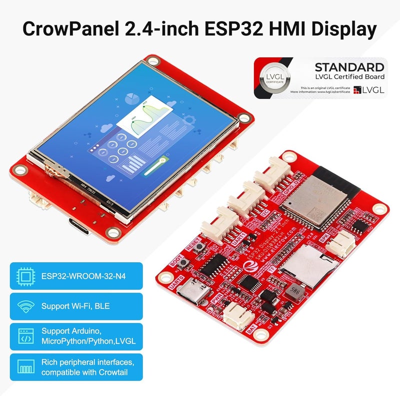 ELECROW ESP32 Display 320×240, 2.4 Inch HMI Touch Screen SPI TFT LCD Touchscreen with Acrylic Case, 32-Bit LX6 Dual-Core Processor, Up to 240MHz, Compatible with Arduino, LVGL, PlatformIO, MicroPython - Image 2